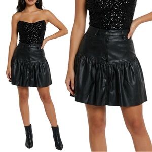 Zara Black Faux Leather High-Waisted Ruffled Western Boho Versatile Mini Skirt